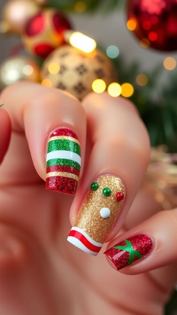 Close-up of festive Christmas nail art with red, green, and gold glitter designs.